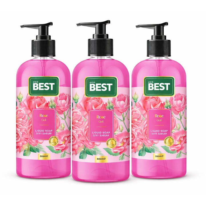 Săpun lichid Eco Best, trandafir, set 3x500ml, curățare delicată, unisex