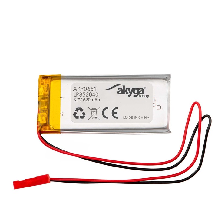 Baterie Li-Po Akyga LP852040 3.7V 620mAh cu protectie PCM, conector JST 2 pini 150mm