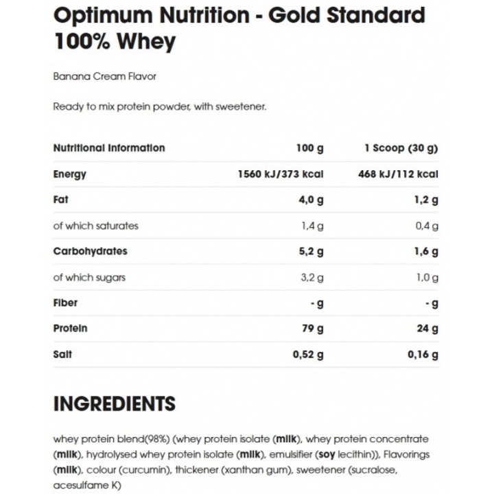 Суроватъчен протеин, протеин на прах Optimum Nutrition, ON 100% Whey Gold Standard, вкус банан, 0.780 кг