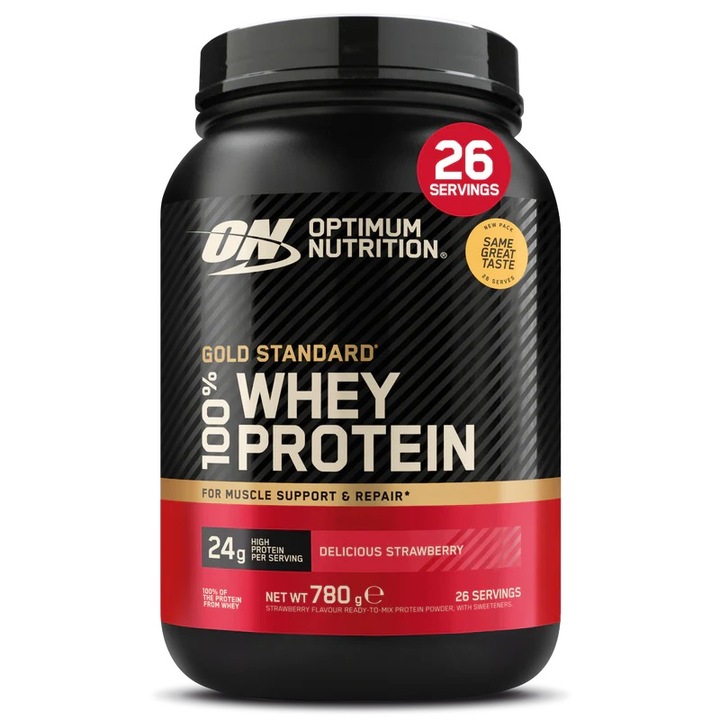 Суроватъчен протеин, протеин на прах Optimum Nutrition, ON 100% Whey Gold Standard, вкус ягода, 0.780 кг