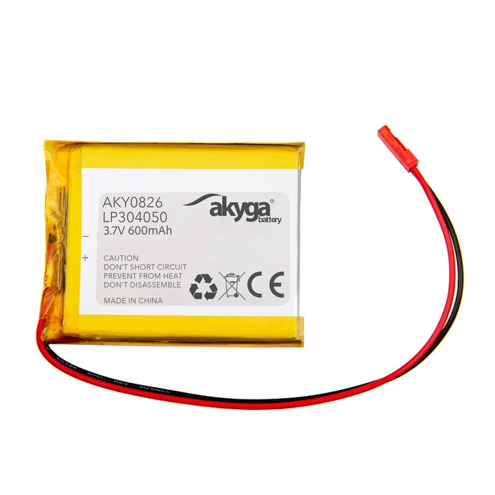 Baterie Li-Po Akyga AKY0826 3.7V 600mAh PCM cu conector JST 2 pini 150mm