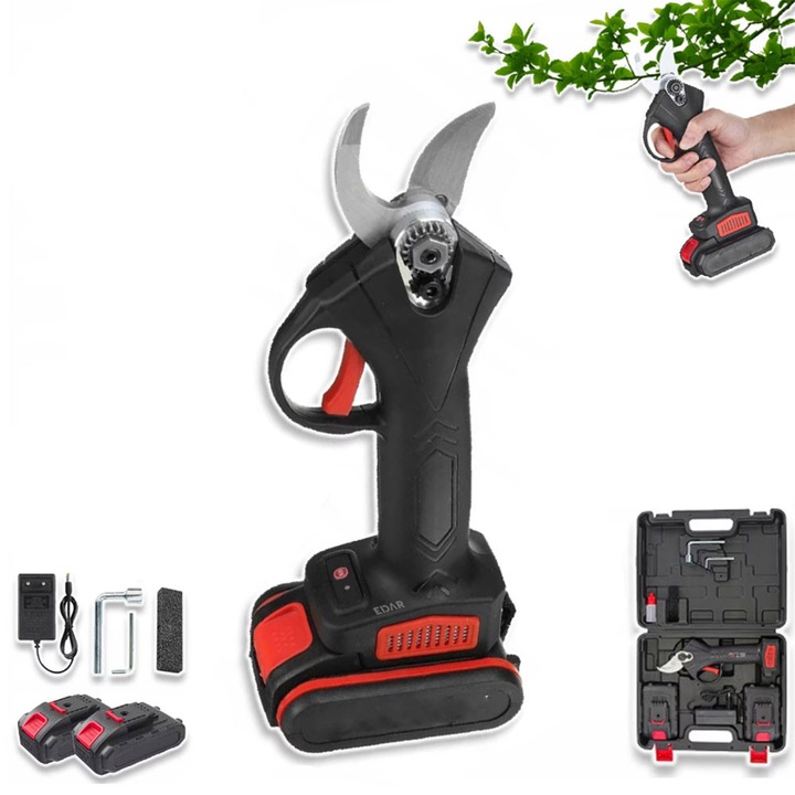 Foarfeca Electrica EDAR Cu 2 Acumulatori Reincarcabili, Pentru Gradina Sau Vie, Lama Din Otel Carbon, Accesorii Si Valiza Transport, Negru