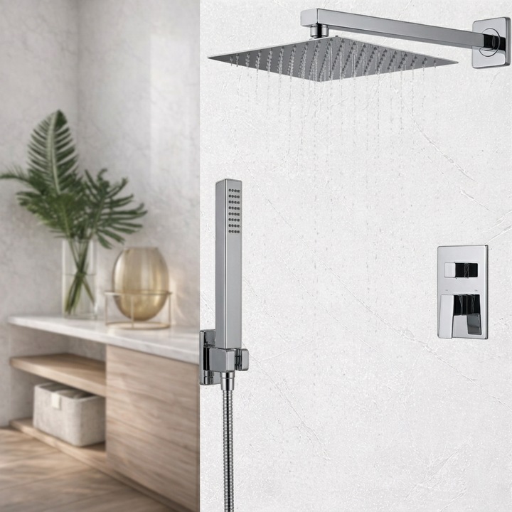 Set de dus premium GLIMATECH incastrat cu efect ploaie, cap dus patrat din otel inoxidabil, para ergonomica multifunctionala, finisaj argintiu rezistent, compatibil universal, montaj pe perete, ajustare 360 grade