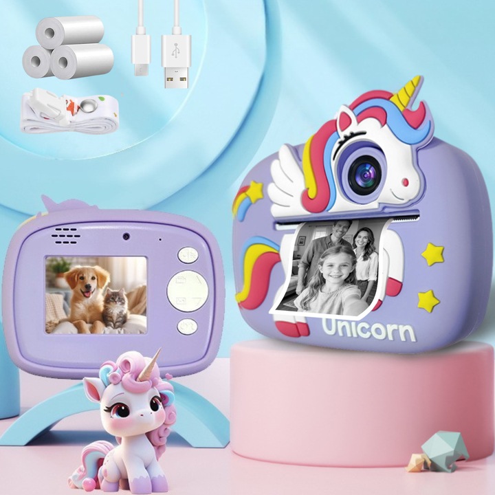 Camera Foto Instant pentru Copii, Forma Unicorn, 1080P, Printare Foto Instant, Qova®, Ecran 2.4” IPS, Video HD, Aparat Foto-Video, Baterie 1300mAh, MP3 Player, Cadou Copii Fete Baieti 3-10 Ani, Printare Fara Cerneala, Mov