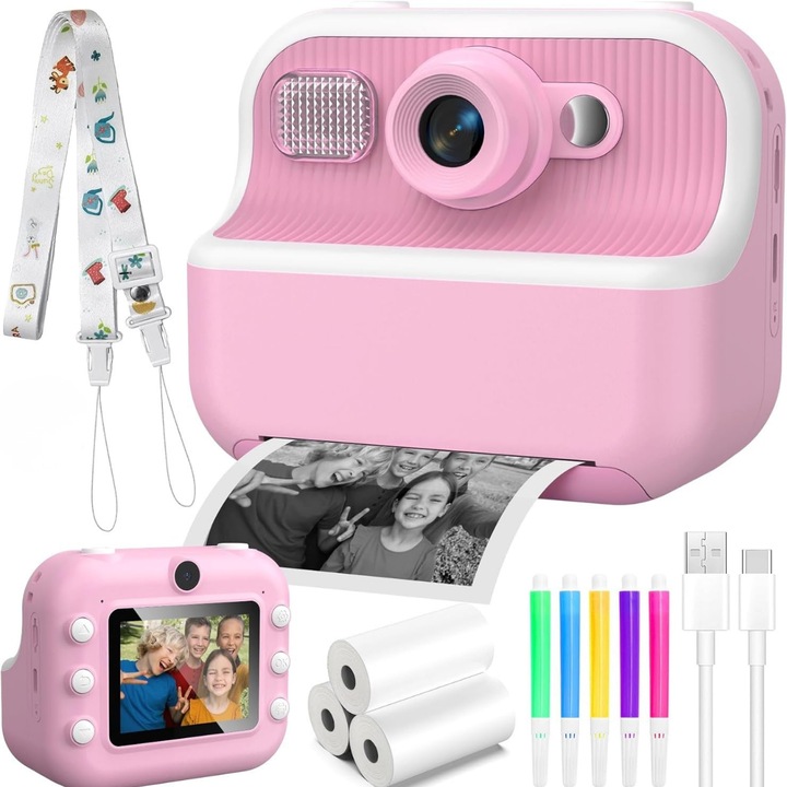 Camera Foto Instant pentru Copii cu Printare, 1080P HD Video, Dual Camera Selfie, Printare Foto Instant, Qova®, Ecran 2.4” IPS, Zoom 10X, Aparat Foto-Video, MP3 Player, Jocuri, Stickere & DIY, Cadou Copii Fete Baieti 3-12 Ani, Baterie 1500mAh, Roz
