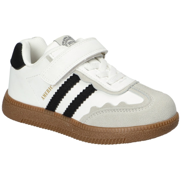 Pantofi sport copii American Club XD178, cu velcro, benzi elastice, brant din piele, talpa antiderapanta, Alb/Negru
