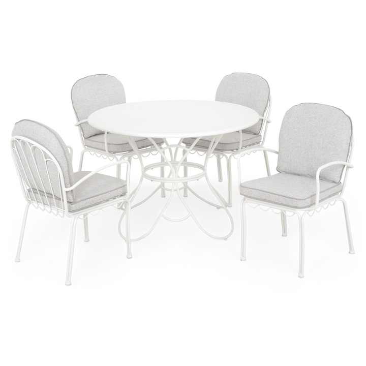 Set mobilier gradina/terasa 4 scaune si masa rotunda, Maison Mex BOTANIC, alb/gri