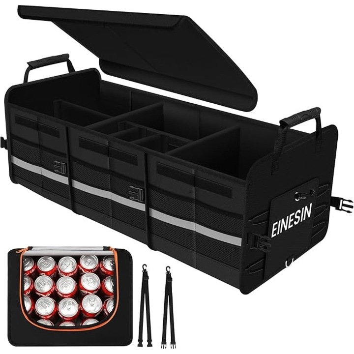 Organizator portbagaj 88L si geanta frigorifica de 22L, cu 7 compartimente, cutie de depozitare auto 82x36x30cm