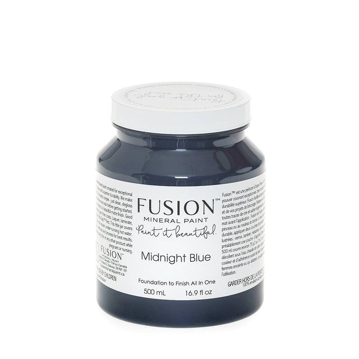 Vopsea pentru mobila Fusion Mineral Paint, Midnight Blue, albastru inchis, finisaj mat, cu protectie integrata, 500 ml