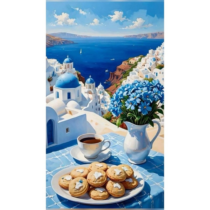 Pictură pe numere Art-hobby, Cafea în Santorini, 11800, dimensiune 30x50 cm, peisaj marin