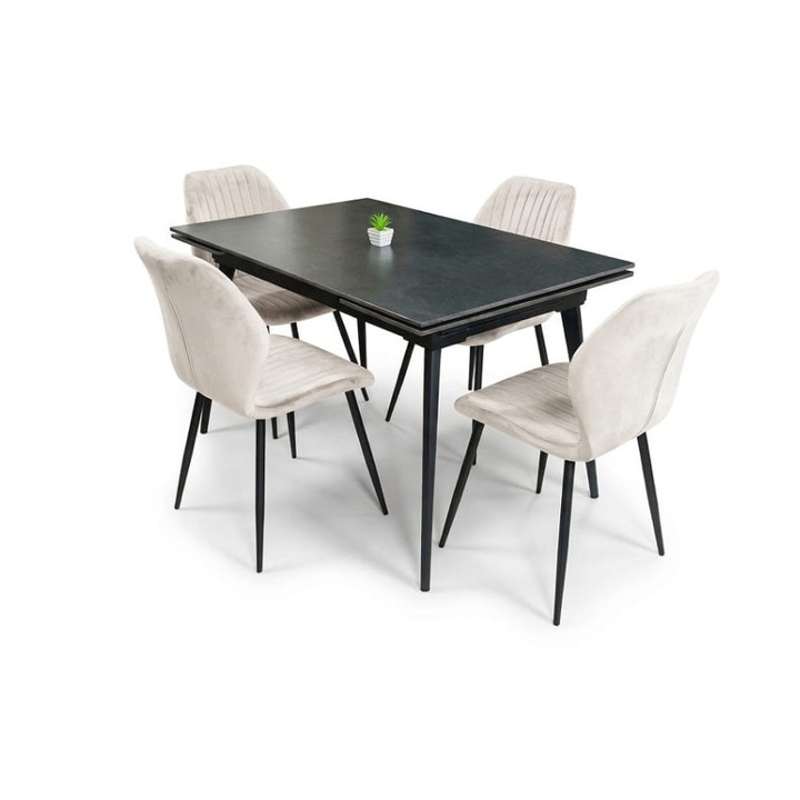 Set Masa Living Extensibila DTM0101 Blat Ceramic Gri cu 4 Scaune Tapitate KJC104 Bej