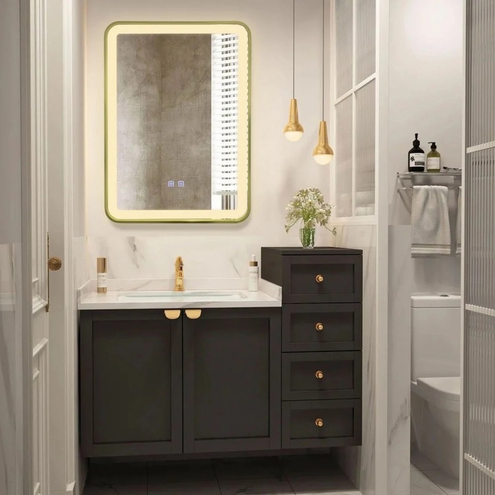 Oglindă baie LED premium, Smack, dezaburire, senzor touch, 50x70cm, ramă bronz antichizat