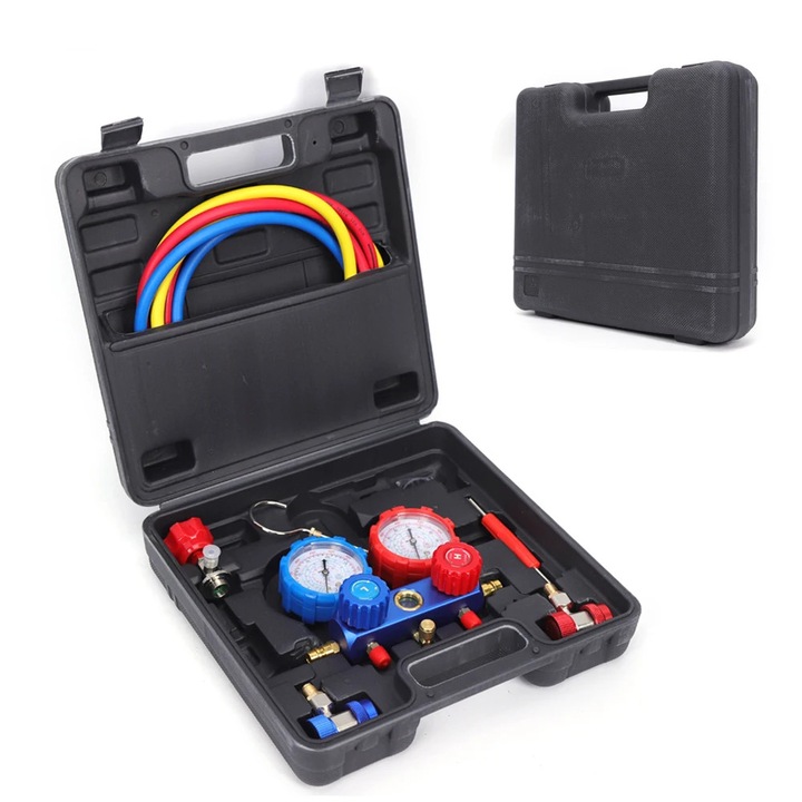 Set manometre aer conditionat, manifold 2 cai, pentru R40/R22/R134a/R404A, masurare presiune, service si incarcare
