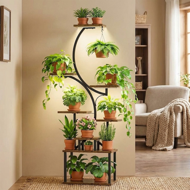 Suport plante cu lumini led Suport plante decorativ cu lumini, metal si PAL, Negru Maro, 50 x 26 x 155 cm