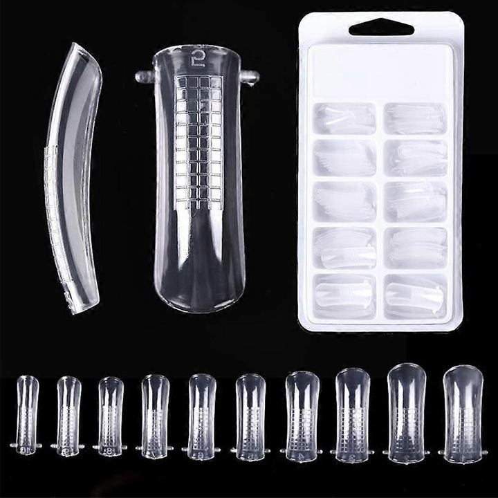 Set 100 bucati tips-uri false pentru unghii, pensula polygel, 5 clips-uri pentru unghii, transparent, roz, dimensiuni variate