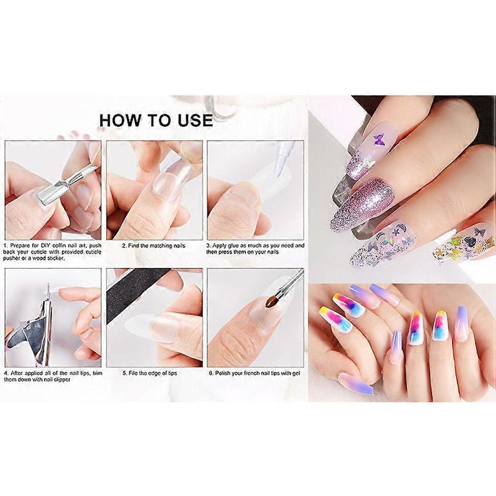 Set 500 bucati unghii false de forma coffin cu adeziv, diverse dimensiuni, transparent