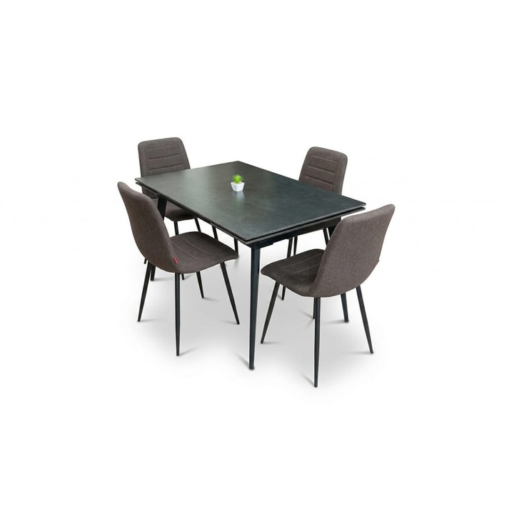 Set Masa Living Extensibila DTM0101 Blat Ceramic Gri cu 4 Scaune Tapitate KJC5341 Maro