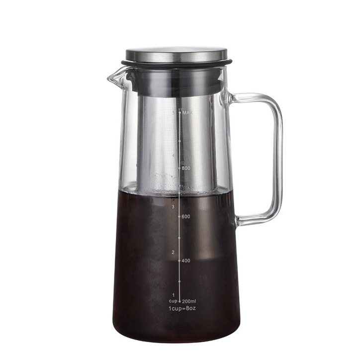 Cafetiera manuala, potrivita pentru prepararea cafelei la rece, pentru uz casnic, cu filtru, 1000 ml, forma drepta, sticla borosilicata + otel inoxidabil, 16 × 16 × 24, 5 cm, transparenta