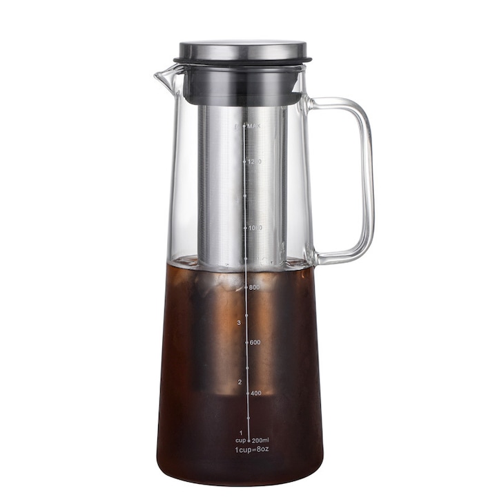 Cafetiera manuala, potrivita pentru prepararea cafelei la rece, ORBER, pentru uz casnic, cu filtru, 1400 ml, forma drepta, sticla borosilicata + otel inoxidabil, 16 × 16 × 28, 5 cm, transparenta