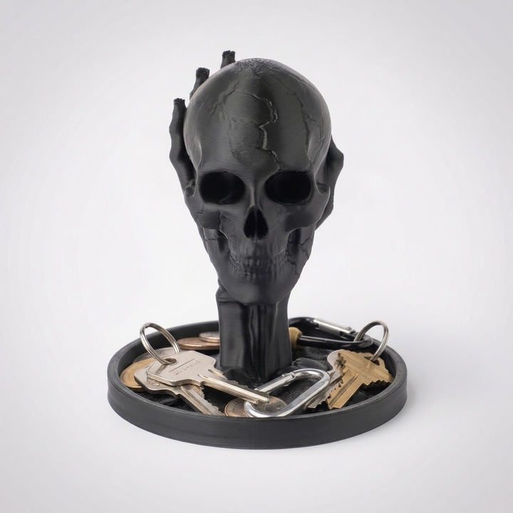 Tava pentru chei si maruntisuri cu Craniu Decorativ, Negru, Plastic PLA, 18 cm