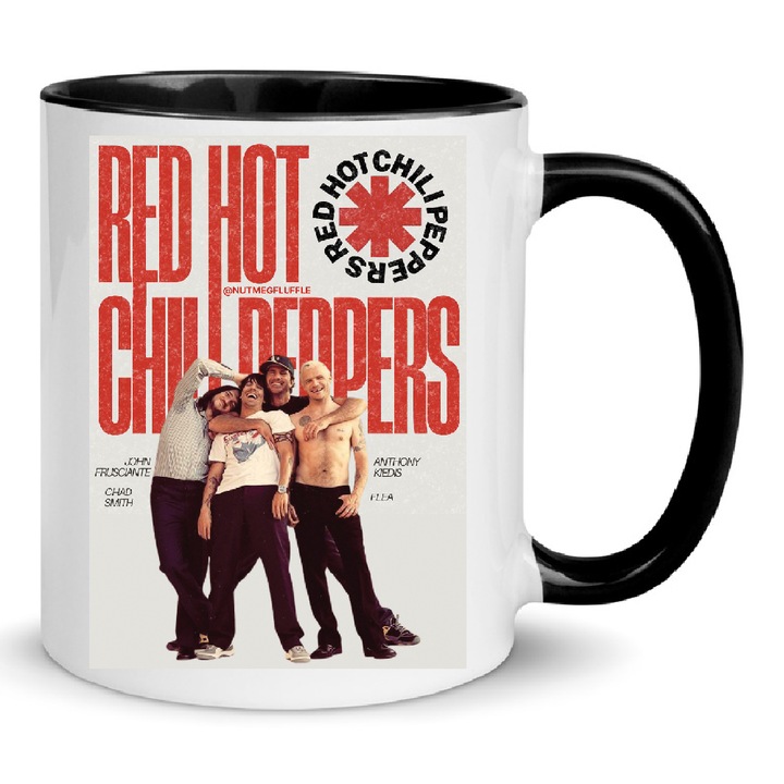 Cana ceramica Red Hot Chili Peppers No11, 330ml, alb-negru, design Nob, rezistent la masina de spalat, capacitate ideala pentru bauturi calde