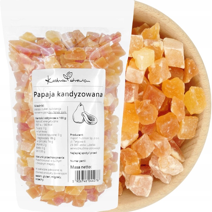 Papaya confiata cuburi 100 g, Kuchnia Zdrowia, gustare dulce, textura specifica