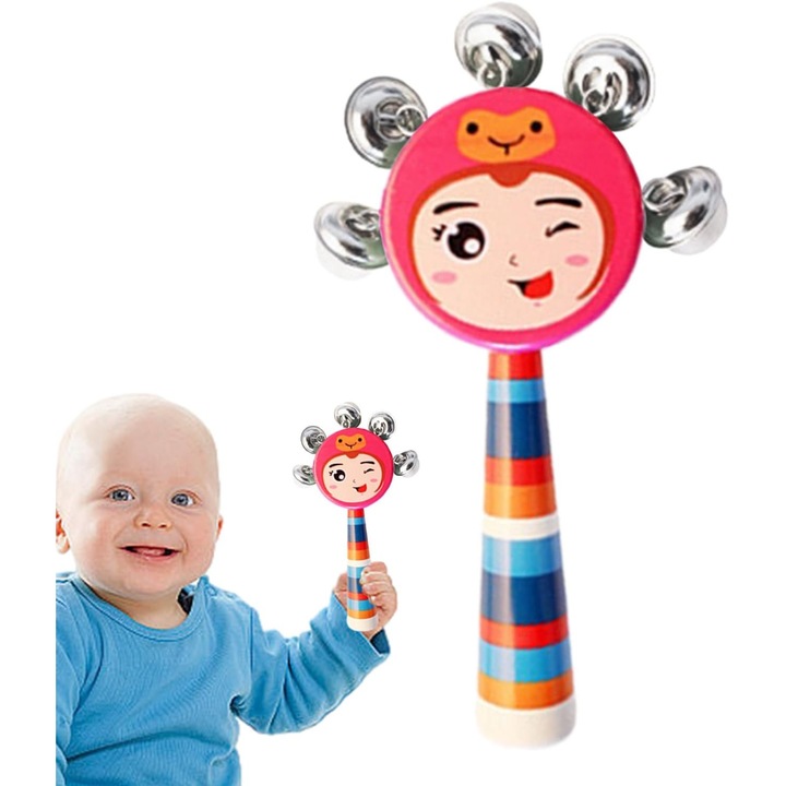 Дървени звънчета, звънчета с дръжка, дрънкалка Jingle Smile, музикални играчки с ярки анимационни герои, дрънкалка за дома, детска градина и ясла