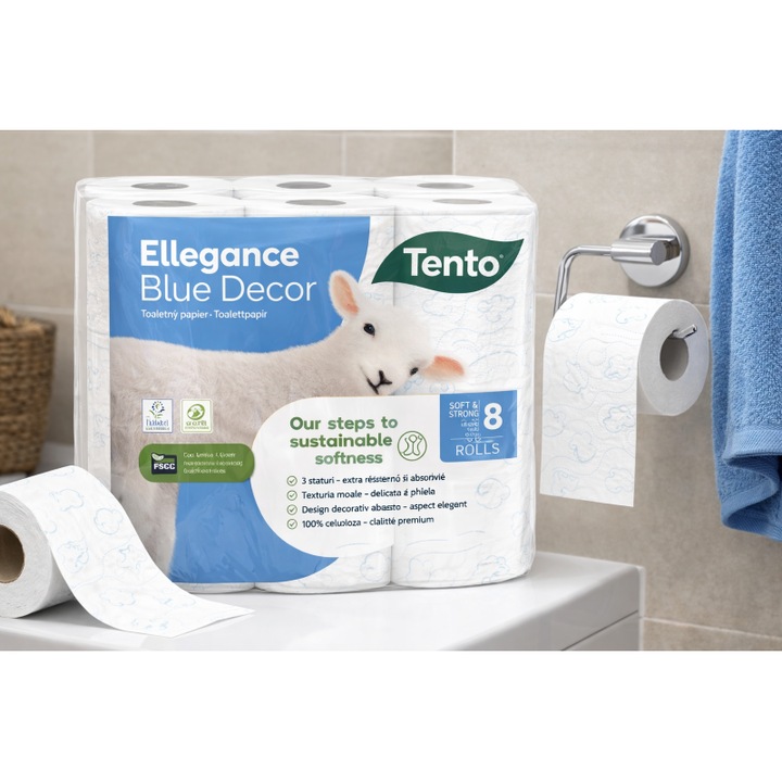 Hartie igienica Tento Ellegance Blue Decor 3 straturi, 150 Foi / Rola, 8 role / Set
