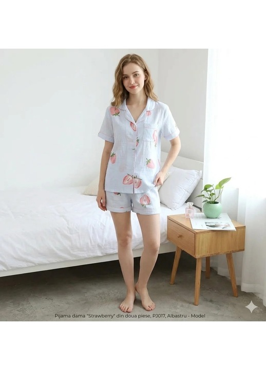 Pijama dama "Strawberry" din doua piese, PJ017, Albastru (Marime: M)