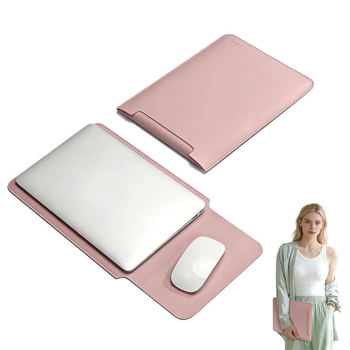 Husa laptop cu mouse pad, 13.3-14 inch, Piele ecologica, Compacta, Cu mouse-pad inclus, Rezistenta la apa, Roz