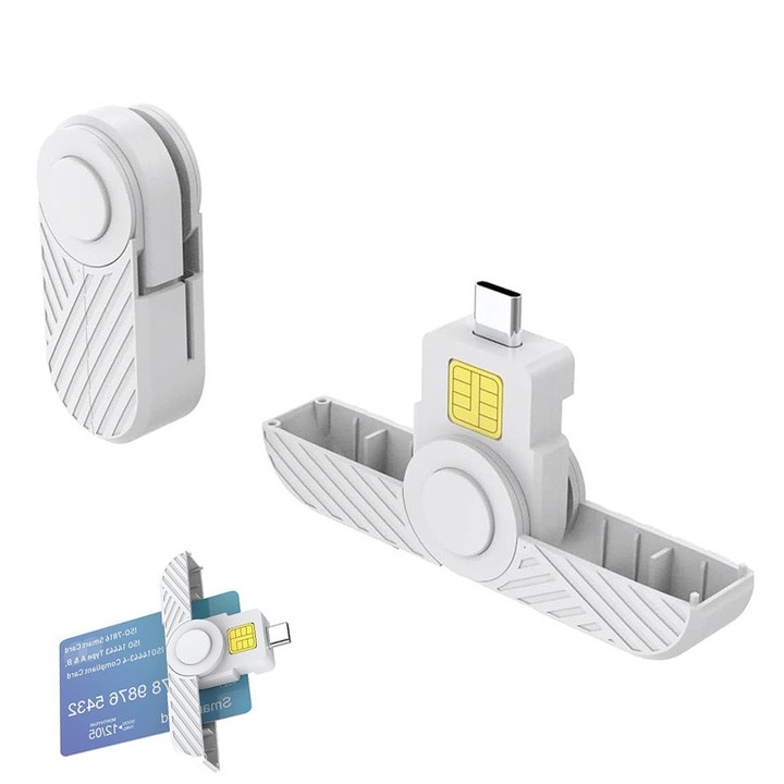 Cititor electronic carti de identitate, USB-C, Suporta carduri CAC si ID, Protectie la scurtcircuit, Alb