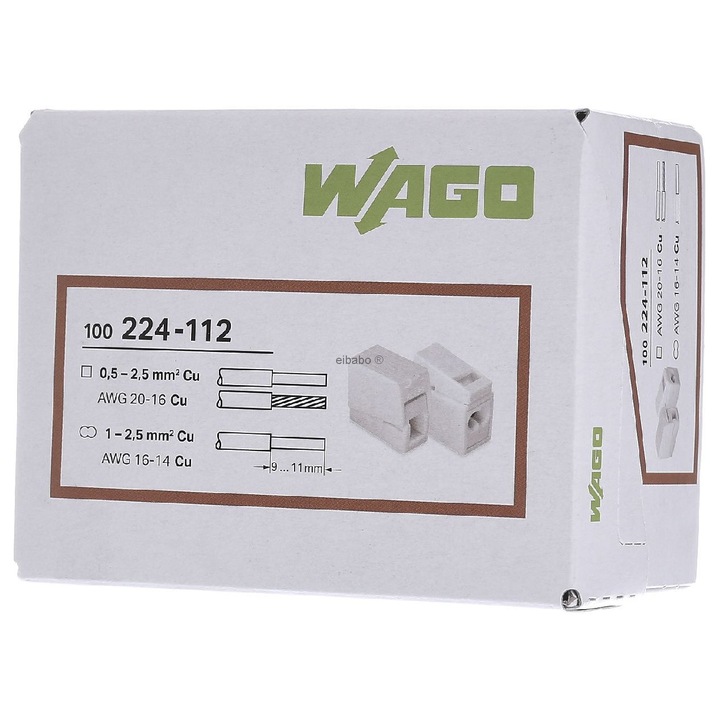 Conector iluminat Wago seria 224, alb, 2 conductori, 100 buc, max 2, 5 mm