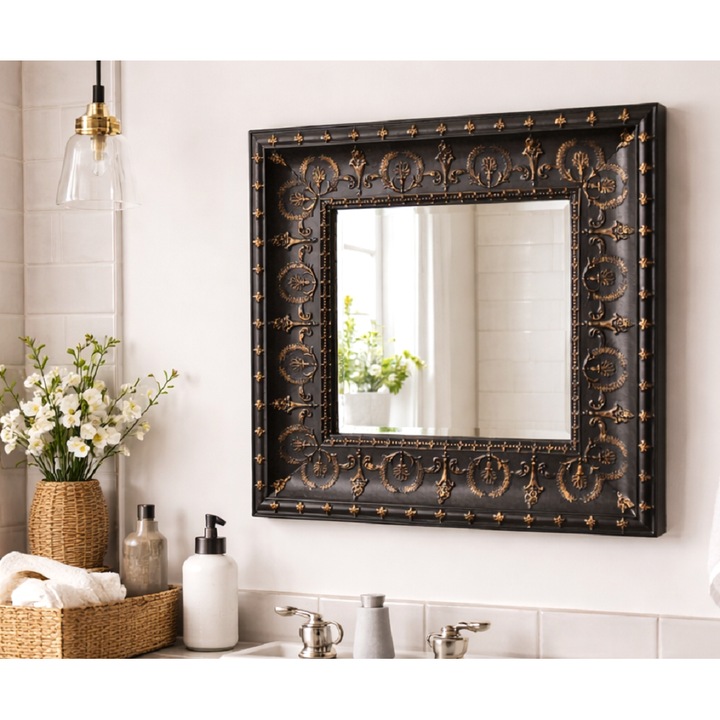 Oglinda metalica, pictata manual, negru auriu antichizat, 70/70cm