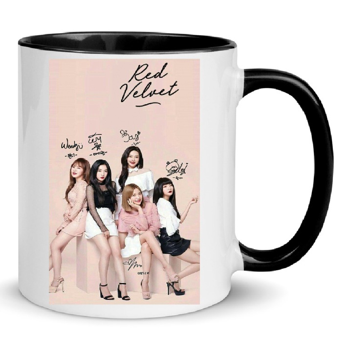 Cana ceramica Red Velvet Kpop Music Band No6, 330ml, design alb si negru, varianta Nob, rezistenta la masina de spalat, print de inalta definitie