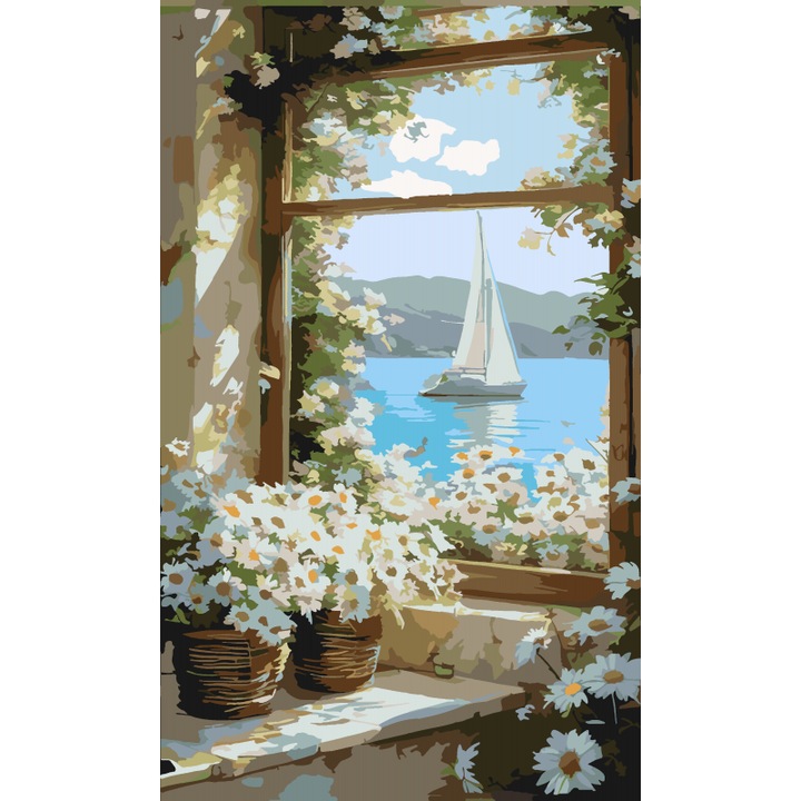 Pictură pe numere Art-hobby, Margarete și barcă cu pânze, 11856, dimensiune 30x50 cm, nave