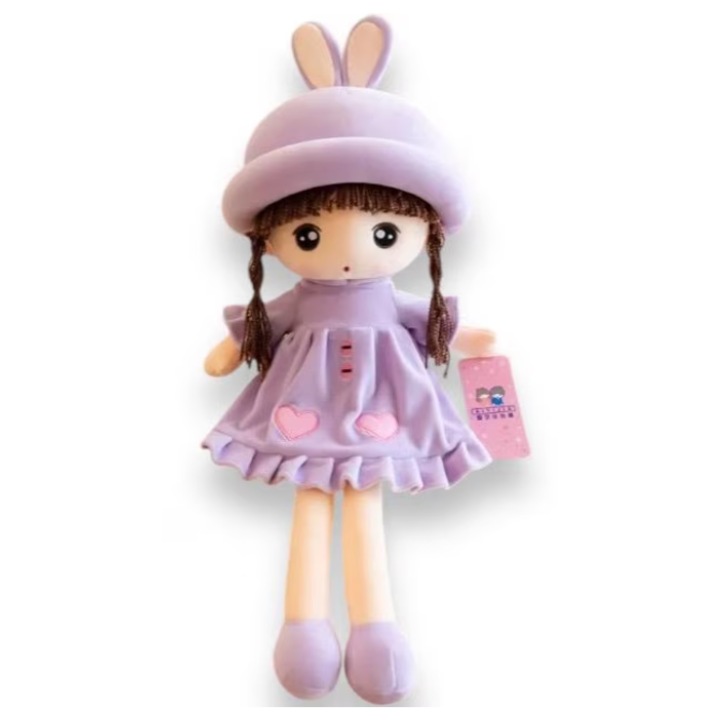 Papusa interactiva 50 cm, vorbeste si canta in limba romana, rochie mov, papusa plus copii