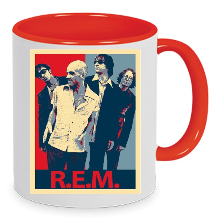 Cana din ceramica, R.E.M. Music Band, 330ml, alb si rosu, design cu print de inalta definitie, rezistenta la masina de spalat.