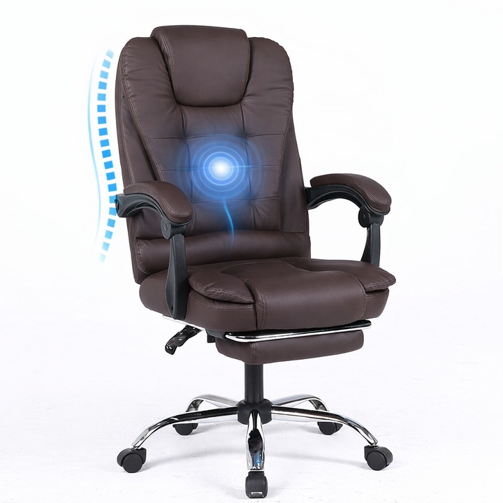 Scaun de birou directorial cu masaj prin vibratii, ergonomic, cu spatar rabatabil si suport de picioare din piele ecologica, maro