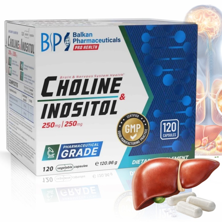 Supliment alimentar Choline & Inositol Balkan Pharmaceuticals 250mg + 250mg, 120 Capsule, Supliment pentru Creier, Memorie, Concentrare, Sanatatea Ficatului, Metabolism Grasimi, Echilibru Hormonal