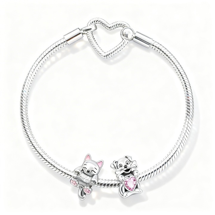 Brățară Belora, Love Pets, charmuri Pisica și Câine, detalii roz, 16 cm
