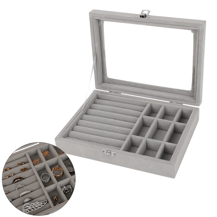 Cutie pentru Bijuterii, Organizator cu Catifea si Capac Transparent, Depozitare Inele si Accesorii, 20x15x5 cm, Gri, HAPPY JOKER®