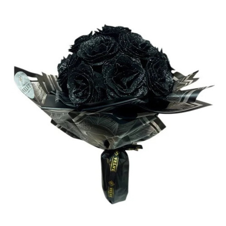 Buchet Glitter Black Roses cu 17 trandafiri decorativi negri premium, 40 cm, Velve