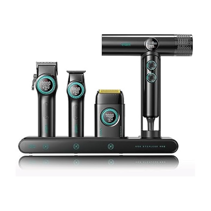 Set profesional pentru frizeri VGR, 4‑in‑1 cu aparat de tuns, trimmer, aparat de ras cu folie si uscator de par cu ioni, cu motor imbunatatit, afisaj LED, statie de incarcare si cutie premium de depozitare, negru