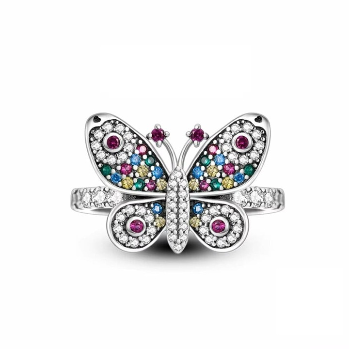 Inel fluture argint, marime 6, pietre colorate