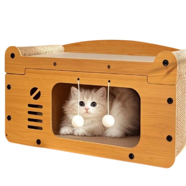 Casuta pentru Pisici Tip Vila, 2 Niveluri, Stalp de Zgariat, Jucarie cu Minge de Plus, Dimensiune Medie