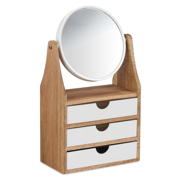 Organizator make-up Relaxdays, 19 x 10 x 34.5 cm, Oglinda marire 3x, rotativa 360°, 3 sertare, Lemn de salcam/MDF, Natur/Alb