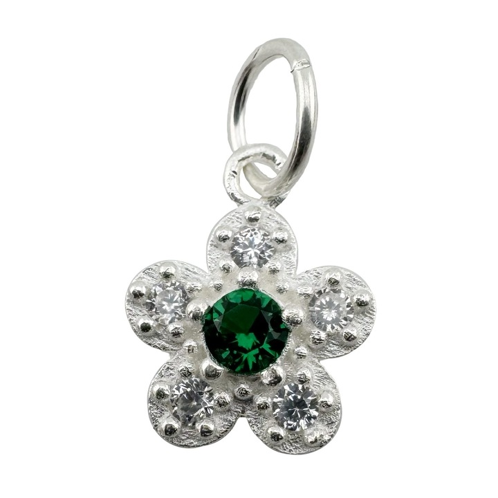Pandantiv din Argint 925, Jolie Silver, pentru Dama, Model Floare Cu Pietre de Zirconiu Cubic, 1 x 1 cm, 0.9 g, Argintiu/Verde Smarald