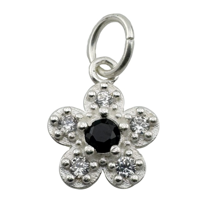 Pandantiv din Argint 925, Jolie Silver, pentru Dama, Model Floare Cu Pietre de Zirconiu Cubic, 1 x 1 cm, 0.9 g, Argintiu/Negru