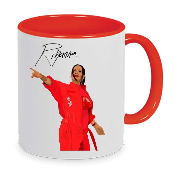 Cana ceramica Rihanna No2 330ml, design alb si rosu, varianta Nob, rezistenta la masina de spalat, imprimeu de inalta definitie