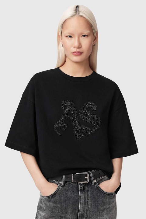 AllSaints, Tricou lejer din bumbac cu aplicatii text, Negru
